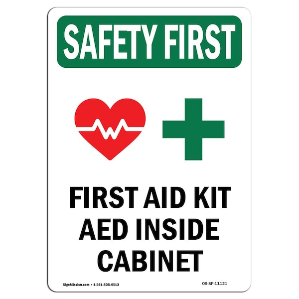 Safety Sign, OSHA SAFETY FIRST, 5" Height, First Aid Kit AED, Portrait, 10PK